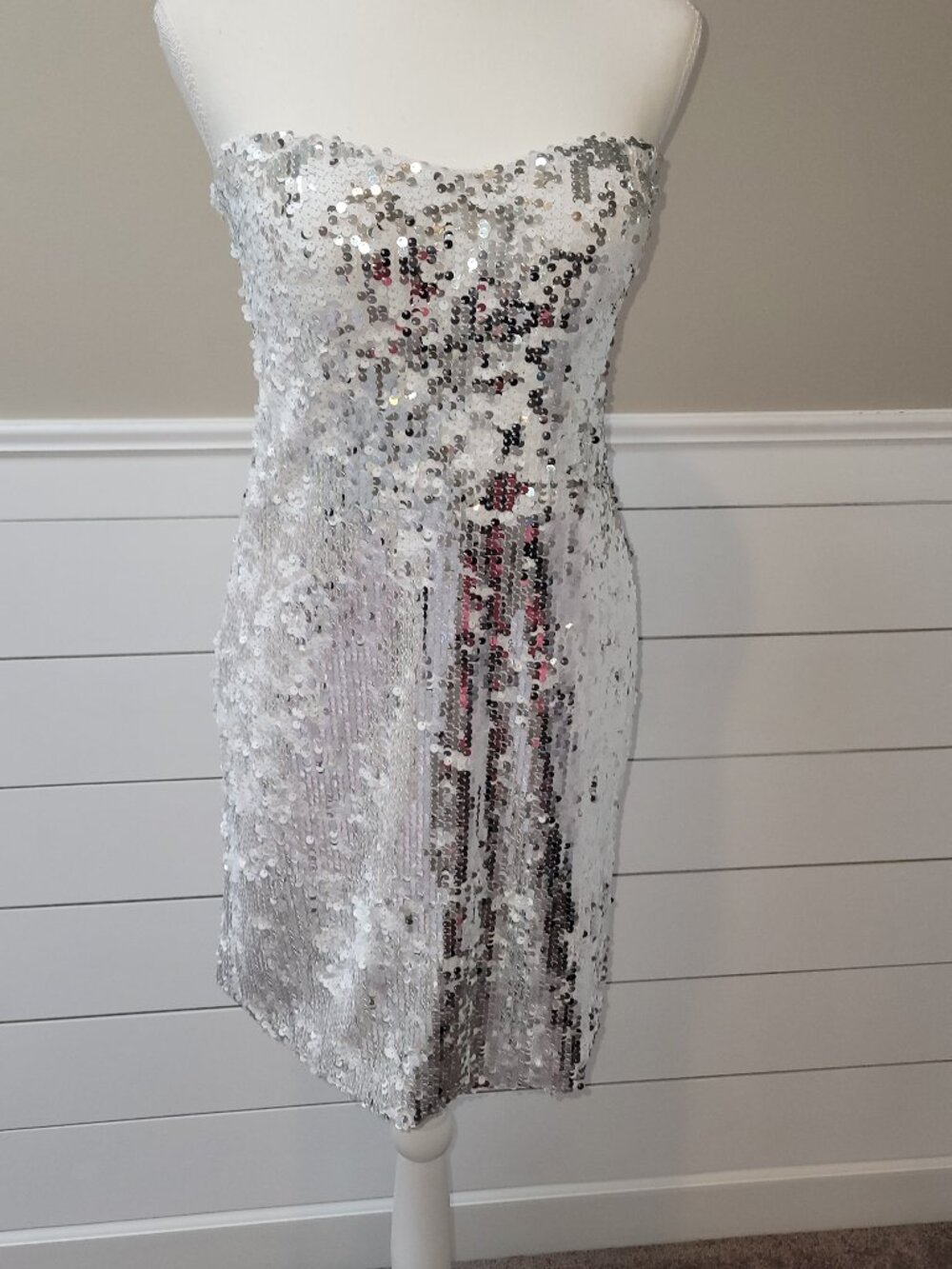 Lily Rose Silver Sequinned Strapless Mini Dress-Size L